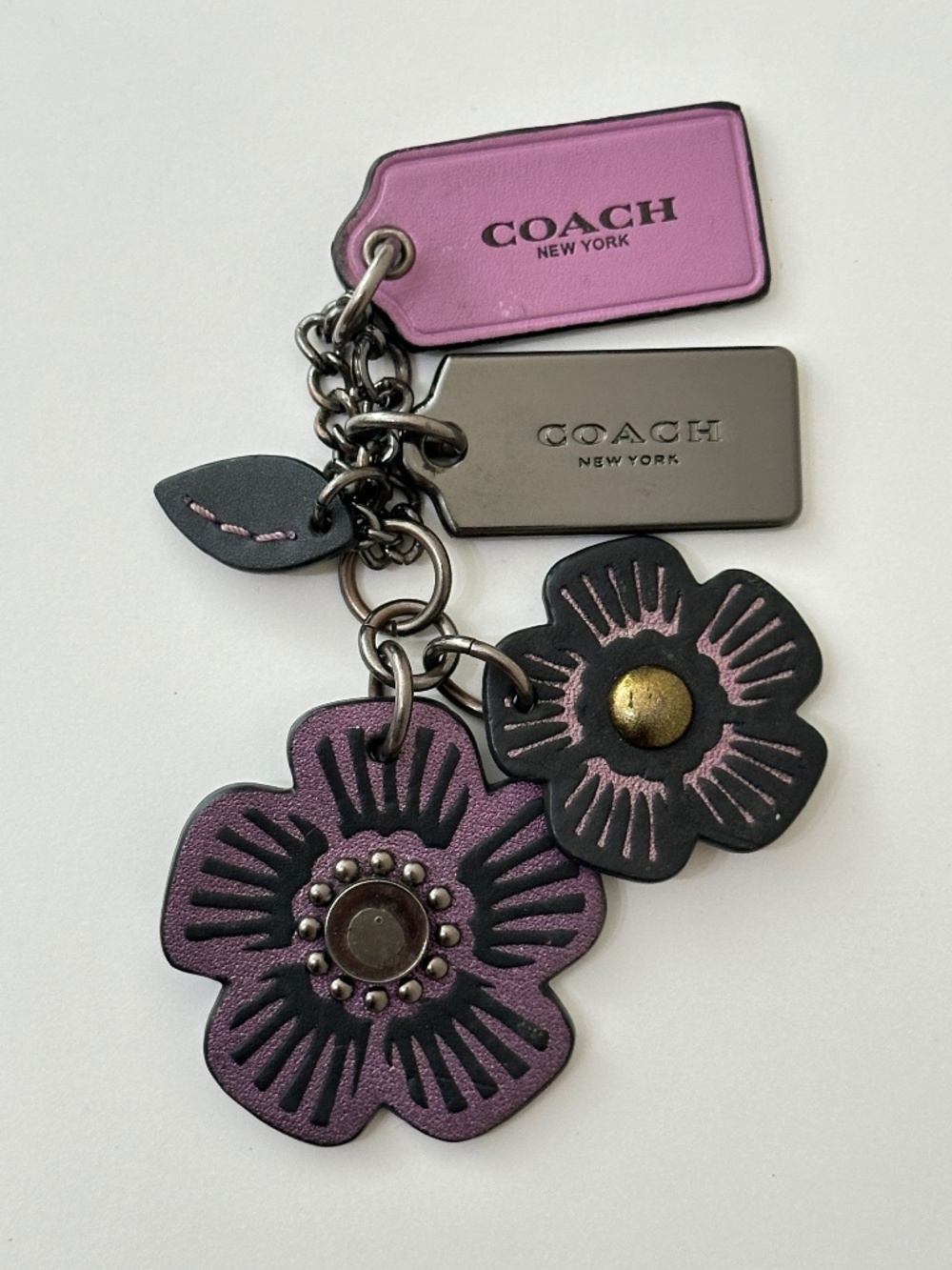 Coach Black and Purple Tea Rose Flowers Floral Hangtag Key Charm Keychain